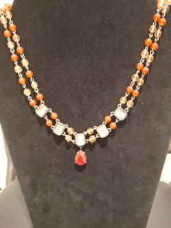 Double Strand Beaded Necklace with Drop Pendant