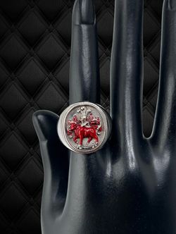 Customized Red-White Bull Ring in 14k White Gold