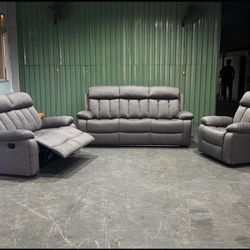 Fabric Grey 3pc Sofa Set - Manual Recliners 