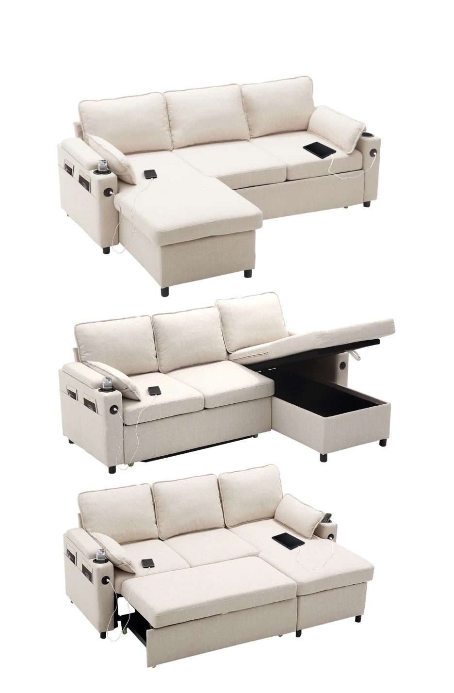 Sectional Sleeper Sofa L shaped Charging Couch with Usb Storage Chaise Reversible Pull Out Bed for Small Space
