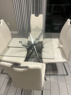Glass Dining Table with 6 White Chairs - Like New