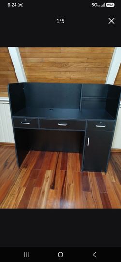 Set of 2 Black Receptionist Desks / Modern Workstations with Hutch (1 Cash Drawer)