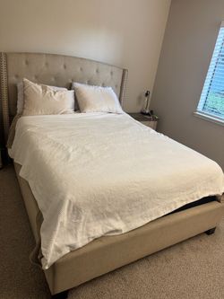 Beige Upholstered Queen Bed Frame