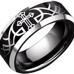 Men's 8mm Tungsten Black Cross Etched Laser Engraved Beveled-Edges Wedding Band 14