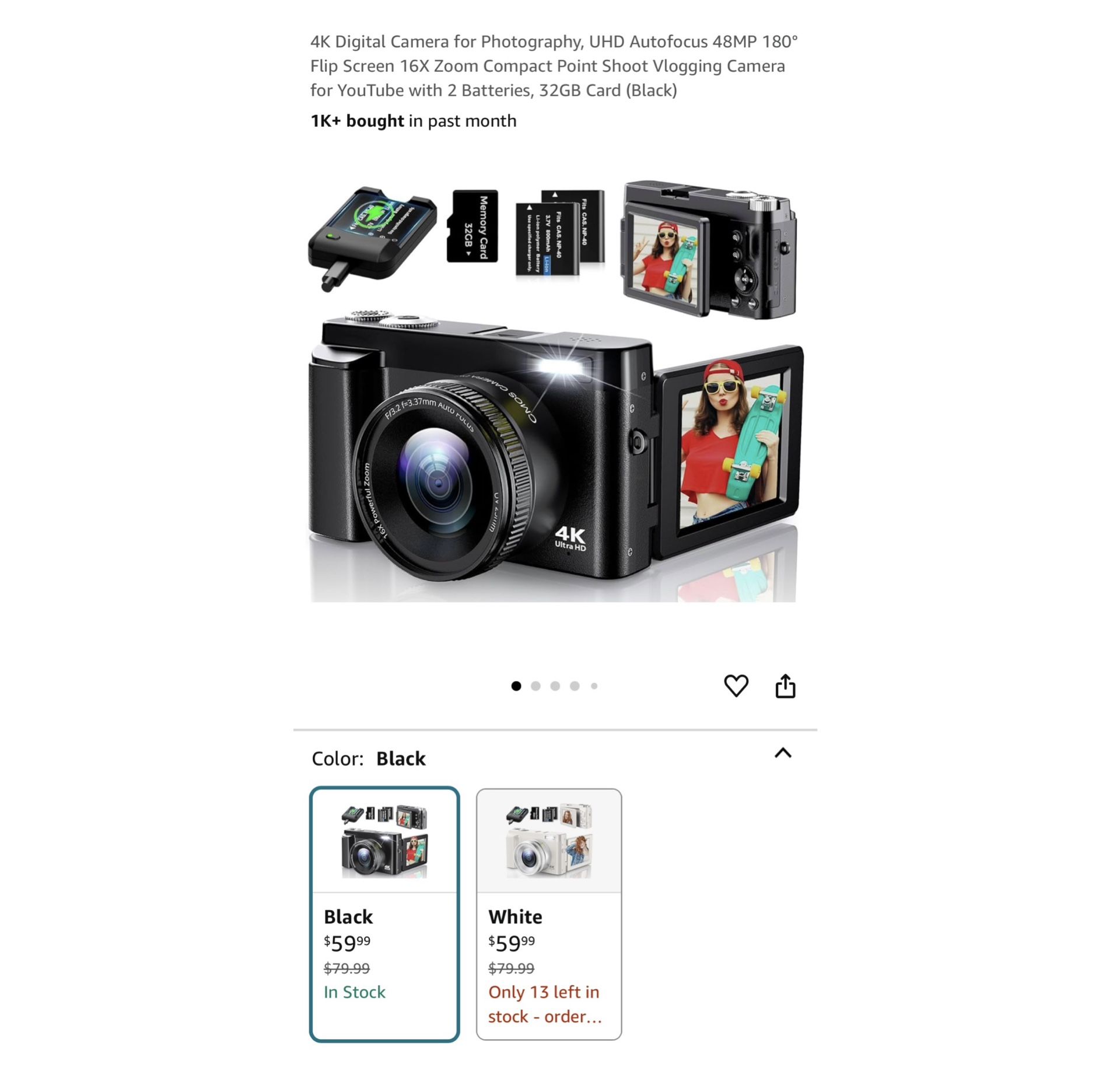 Brand new 4K Digital Camera for Photography, UHD Autofocus 48MP 180° Flip Screen 16X Zoom Compact Point Shoot Vlogging Camera for YouTube with 2 Batte