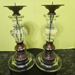 Pair of Vintage Brass And Lucite Candlesticks Holders 11" Tall