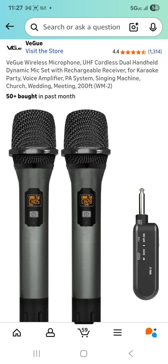 VeGue Wireless Microphone, UHF Cordless Dual Handheld Dynamic Mic Set with Rechargeable Receiver, for Karaoke Party, Voice Amplifier, PA System, Singi