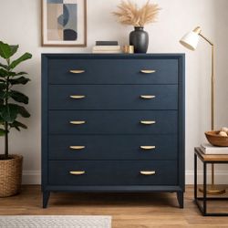 Refinished Dresser In A Rich Blue With Gold Hardware 
