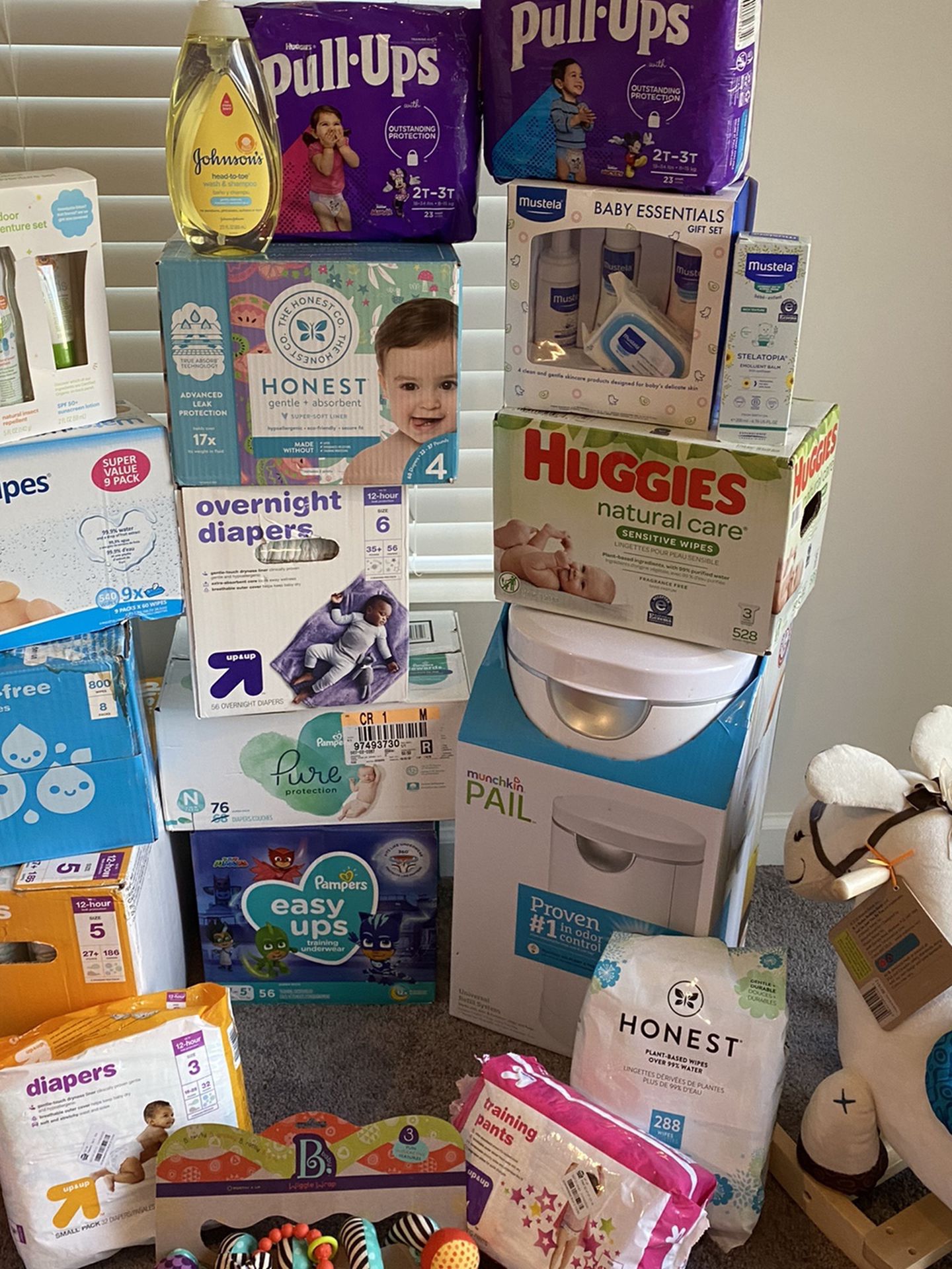 Pampers, Wipes, Diaper pail, Rocking Horse (various prices)