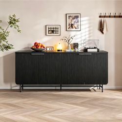 🔥new inbox🔥68" Black Sideboard Buffet Cabinet with LED Light, Fluted Sideboard with 4 Doors