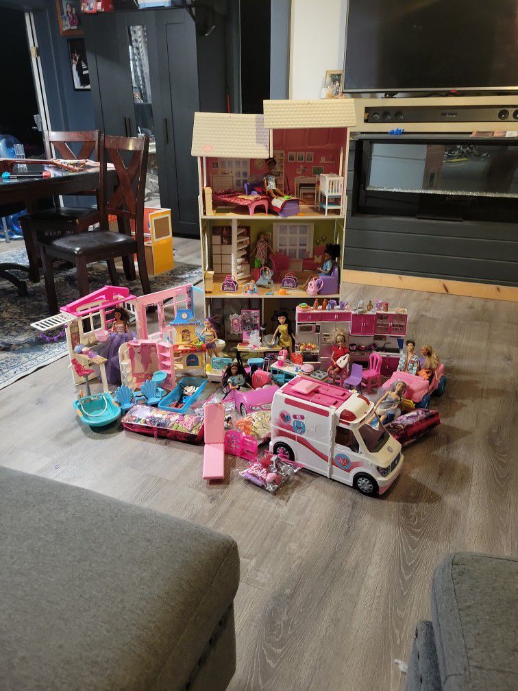 Barbie Lot House Cars Babies Pets Barbie Clothes Accessories Furniture  Ambulance 