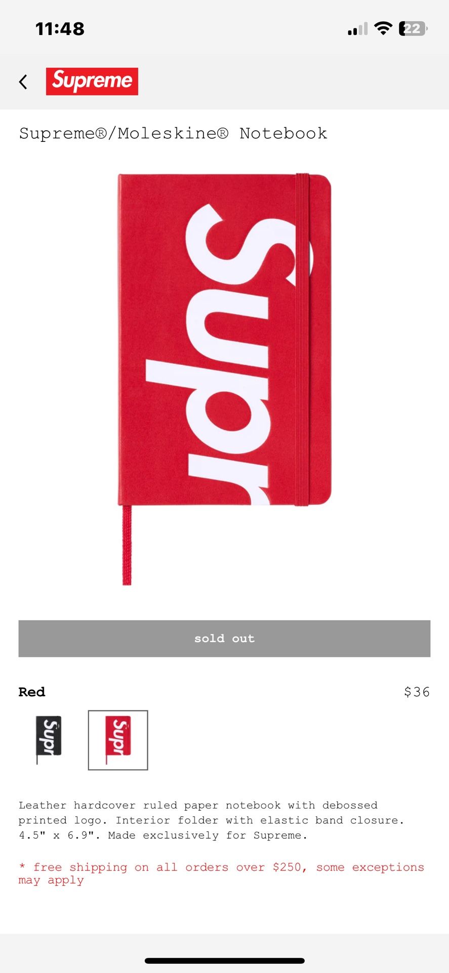 Supreme Moleskine notebook 赤