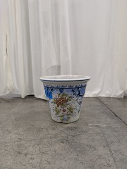 White Ceramic Flowerpot with Floral and Fruit Pattern