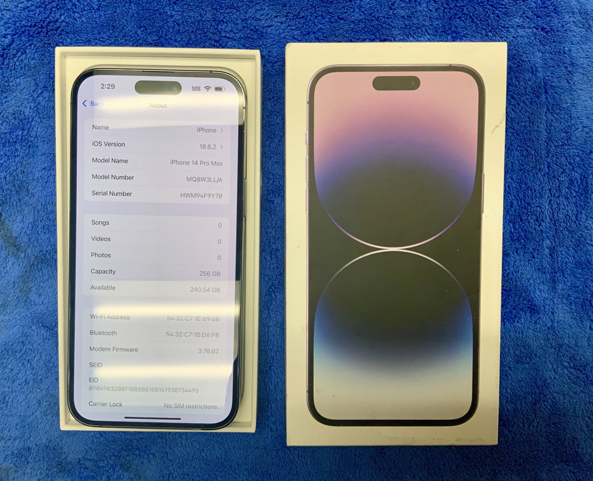 Mint Apple iPhone 14 Pro Max Cellphone Unlocked Carrier Network 5G Smartphone Touchscreen 256 GB Memory Storage Deep Purple MQ8W3LL/A Wifi Bluetooth