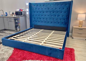 Blue velvet king bed frame