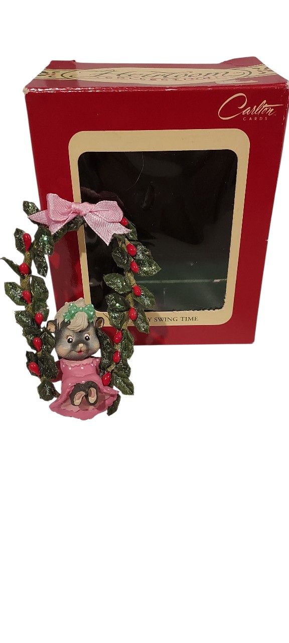 Carlton Cards 1994 Holiday Swing Time Ornament Skunk Pink Dress Holly