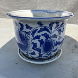 Blue And White Ceramic Pot Plant With Base Plate