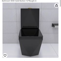 Elongated Square One Piece Black Toilet for Modern Bathroom With Gold Button 12"Rough-in