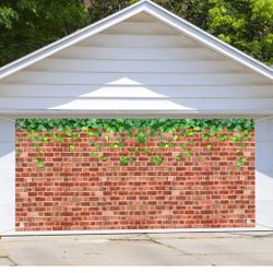 7X16ft Large Vintage Red Brick Wall Garage Door Background Decoration Nature Ivy Green Leaves Covered Wall Photo Backdrop Bridal Baby Shower Birthday 