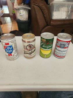 VINTAGE BEER CANS BUDWEISER & CHAMPALE SEALED BUT EMPTY. OLD STYLE FULL NO TAB. LINENKUGEL SEALED & FULL