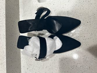 Black Pointed-Toe Block Heel Mules with Embellished Strap