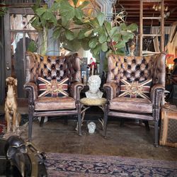 Stunning Restoration Hardware Leather Chesterfield Wingback tufted lounge chairs set!👀🙀😍