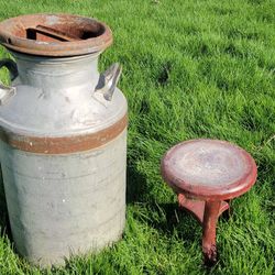 Antique Farm Milking Collectables 3 legged Steel stool $65. (RARE) Vintage Milk Can $50.