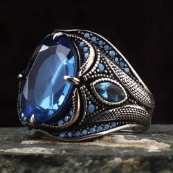 1 pc Vintage Gothic Faux Silver Blue Saphire Zirconia Ring,   Snake Eye Design Gemstones Ring -  exotic emo alternative Punk- Tribal Jewelry Weddings