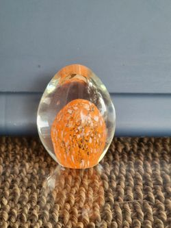 Orange White Speckled Mottled Egg Shaped Art Glass Paperweight