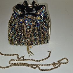 Multicolor Rhinestone Bucket Bag Gold Handle Chain Strap Evening Purse