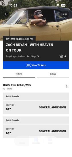 Two 8/1 Floor GA Pit Tickets Zach Bryan