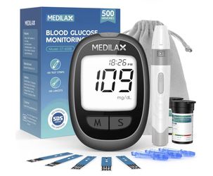 Medilax Blood Glucose Monitor Kit, 100 Test Strips & 100 Lancets Blood Sugar Testing Kit with Glucometer and Lancing Device, No Coding, 500 Storage G