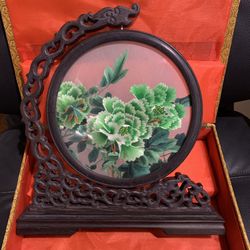 Asian Silk Floral Embroidery Double Sided Hand Carved Wood Rotating Frame