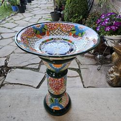 Dark Green Rim Talavera Birdbath. Clay Pots, Planters. Plants, Pottery