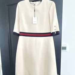 GUCCI Beige Wool-Silk Woven SYLVIE WEB Detailed A-Line Dress 46