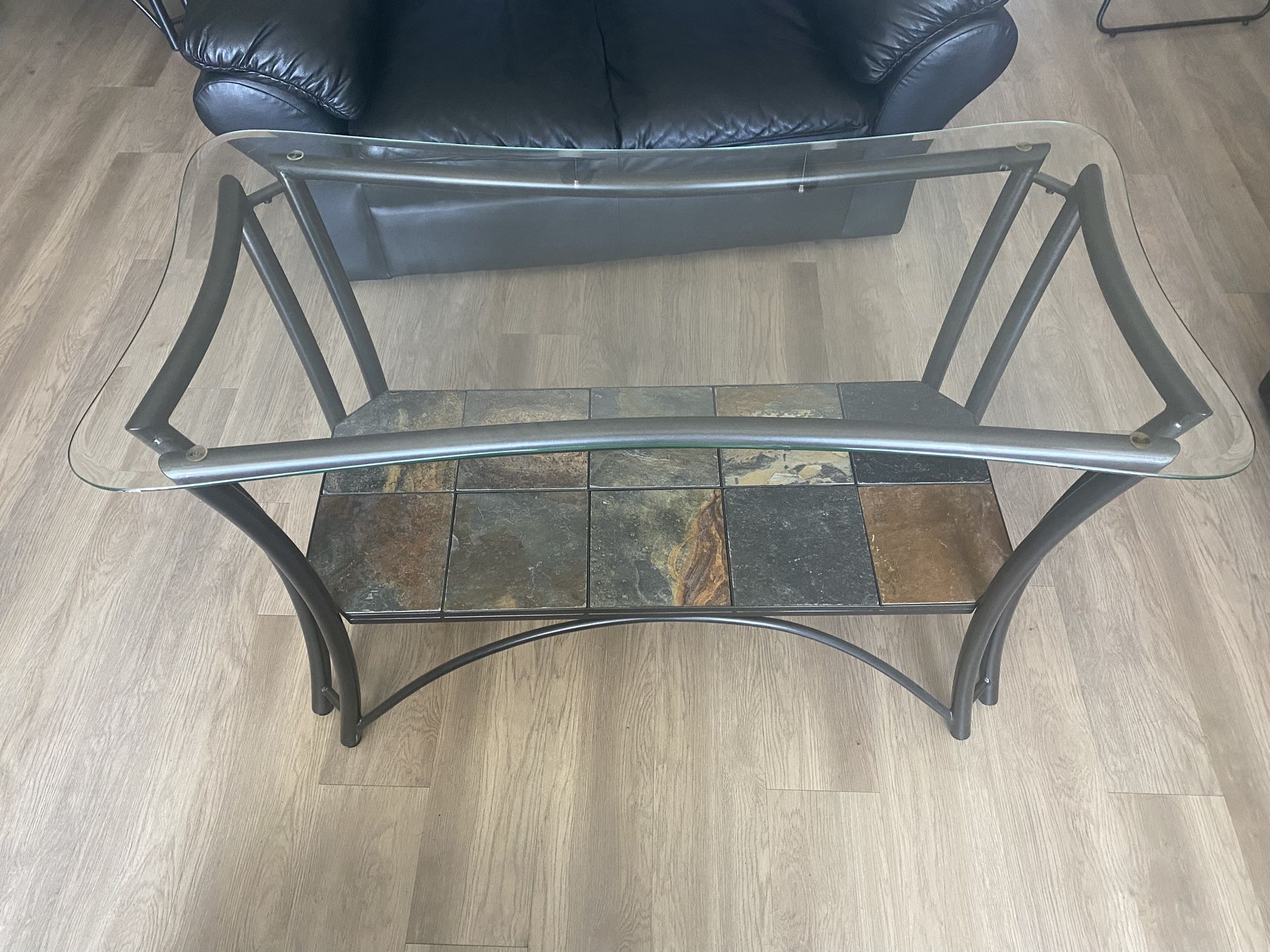 Modern Glass & Slate Stone Console Table with Metal Frame