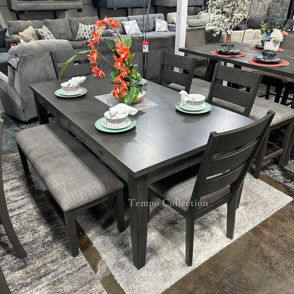 Limited Time!! 6 PCs Solid Dining Set, Dining Table with 6 drawers + 4 chairs + 1 Bench SKU#5674
