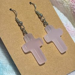 Rose Quarts Dangle Cross Earrings