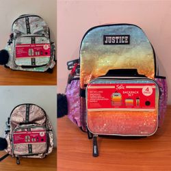 Justice sequin 4-piece backpack with lunchbox and water bottle!