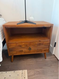 Pair of Mid-Century Modern Wood Nightstands with USB Ports & Power Outlets – 30” W