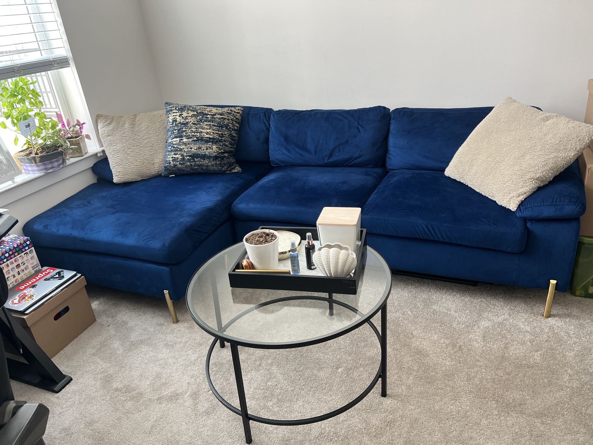 Blue Velvet Couch & Glass Coffee Table — FOR SALE