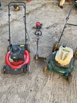 Includes two lawn mowers and a trimmer. Lawn Equipment Set $120 all 3 need carborator clean . I got video showing they want to start but the green law