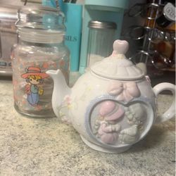Vintage Set Enesco Precious Moments Collection Teapot  And Candy Container