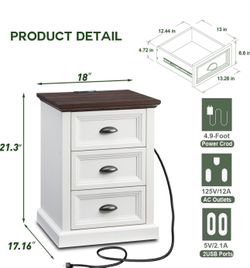 Farmhouse Nightstand with Charging Station, 3 Drawer Dresser for Bedroom, Rustic Wood Bedside Table with Drawers, Small End Table Side Table for Livin