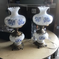 Pair Blue And White Antique Glass Lamps 