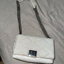 White Shoulder Bag INC Faux Leather And Pearls Adjustable Strap 