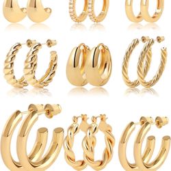 Gold Hoop Earrings for Women Chunky Twisted Huggie Hoops Earrings Set 14K Real Gold Plated Christmas Gift for Women 400+ bought in past month