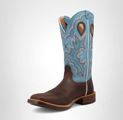 Twisted X Men's 13" Pull on Top Hand Square Toe Western Cowboy Boot  Color: Dark Brown & Lagoon Size: 11  PREMIUM LEATHER: Leather vamp and shaft. Sha