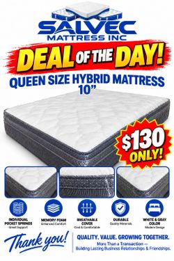 $130 Deal of the day! Queen size 10"  hybrid matress , brand new, roll in a box..