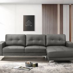 Brand New Anthracite Dark Grey Modern Top Grain Leather Sectional Sofa With Chaise 